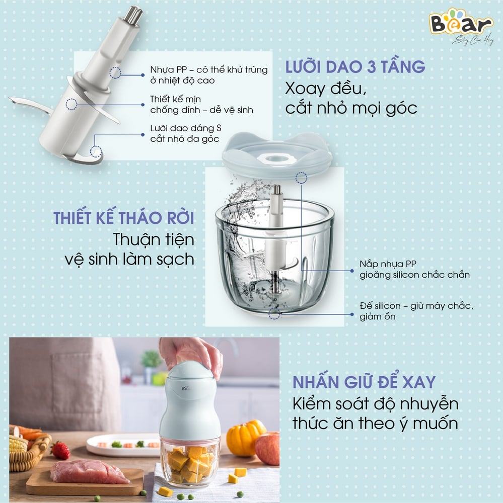 Máy xay ăn dặm Bear 0,3L GR-B03V2 thiết kế thông minh, tiện dụng