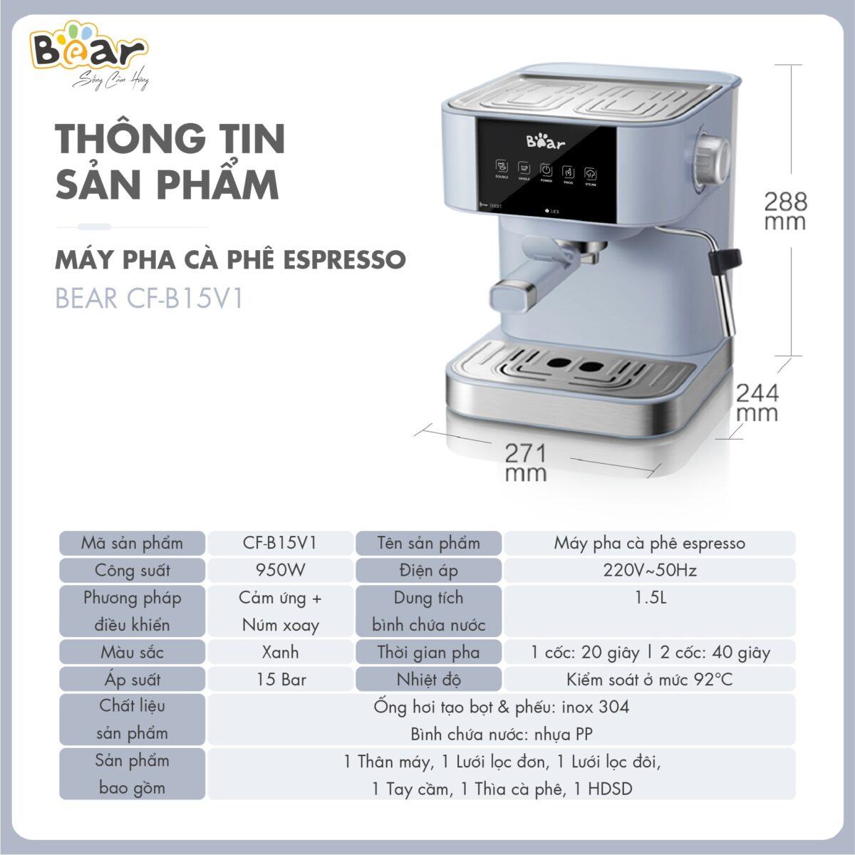 Máy pha cà phê Bear CF-B15V1 (Bản Quốc Tế) - Ảnh 6