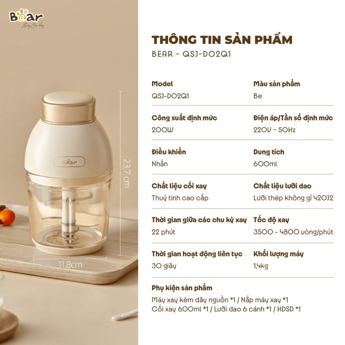 Máy xay ăn dặm Bear 0,6L QSJ-D02Q1 (Bản Quốc Tế) - Ảnh 5