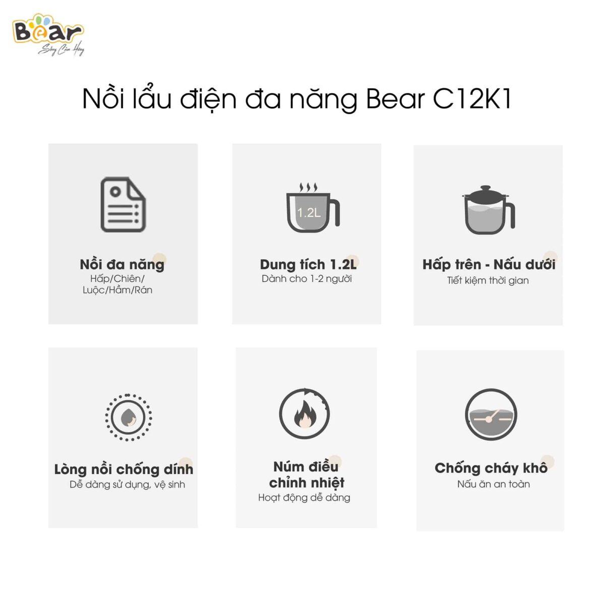 Nồi lẩu điện mini Bear đa năng 1,2L DRG-C12K1 (Bản Quốc Tế) - Ảnh 9