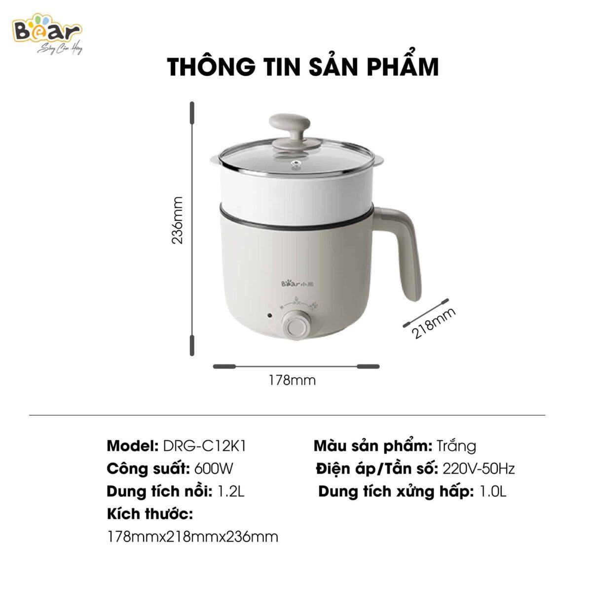 Nồi lẩu điện mini Bear đa năng 1,2L DRG-C12K1 (Bản Quốc Tế) - Ảnh 2