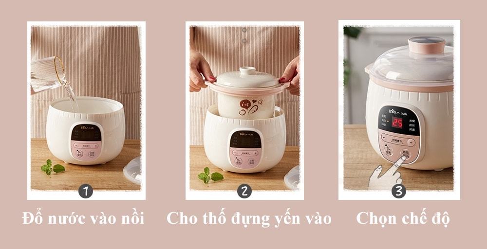 Cho yến và nước vào thố, đậy nắp lại để bắt đầu chưng cách thủy