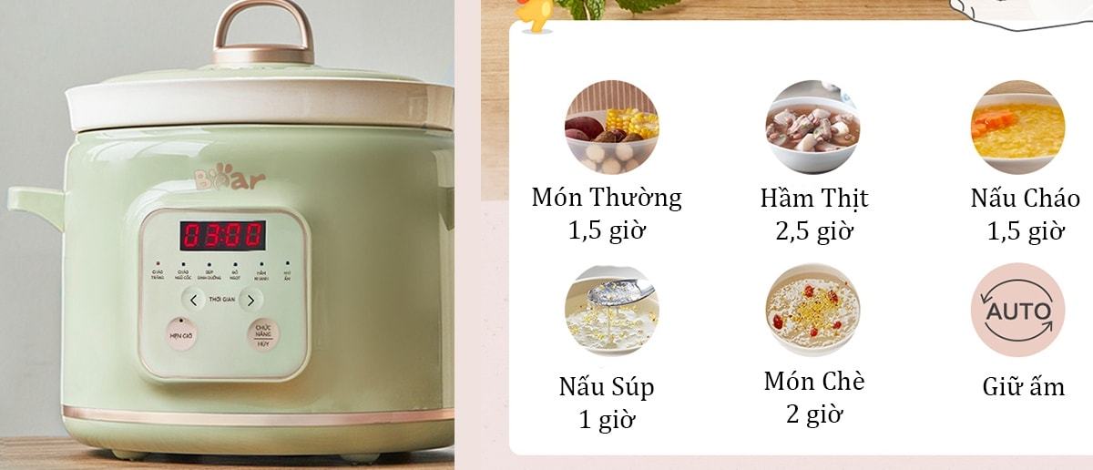 Nồi nấu chậm Bear mặc định thời gian cho các chế độ nấu ăn