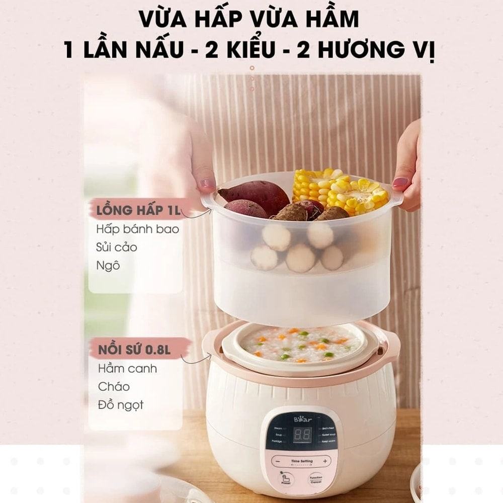 Nồi nấu chậm Bear có thiết kế lồng hấp cho phép bạn chế biến cùng lúc 2 món ăn