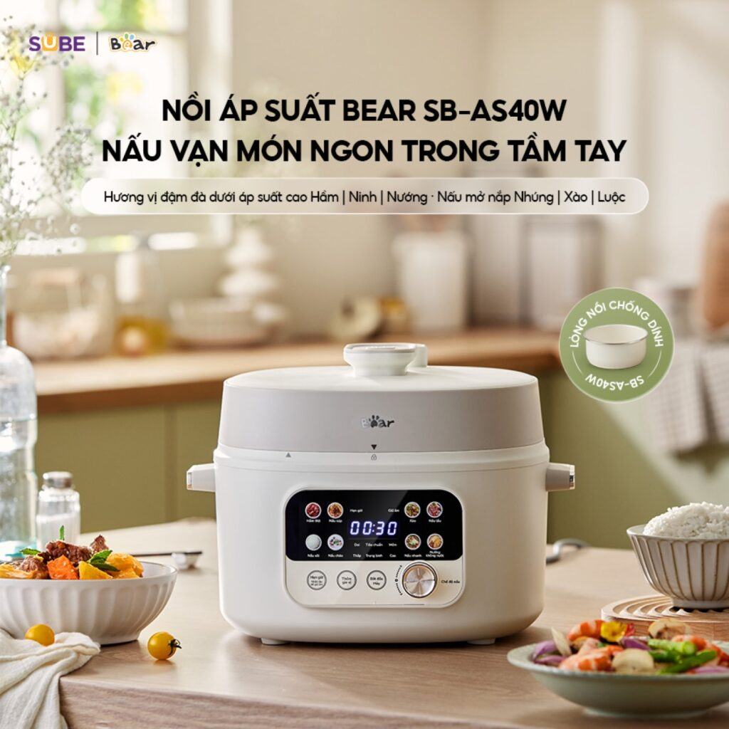 Nồi áp suất Bear SB-AS40W sở hữu thiết kế hiện đại, cơ chế hoạt động thông minh