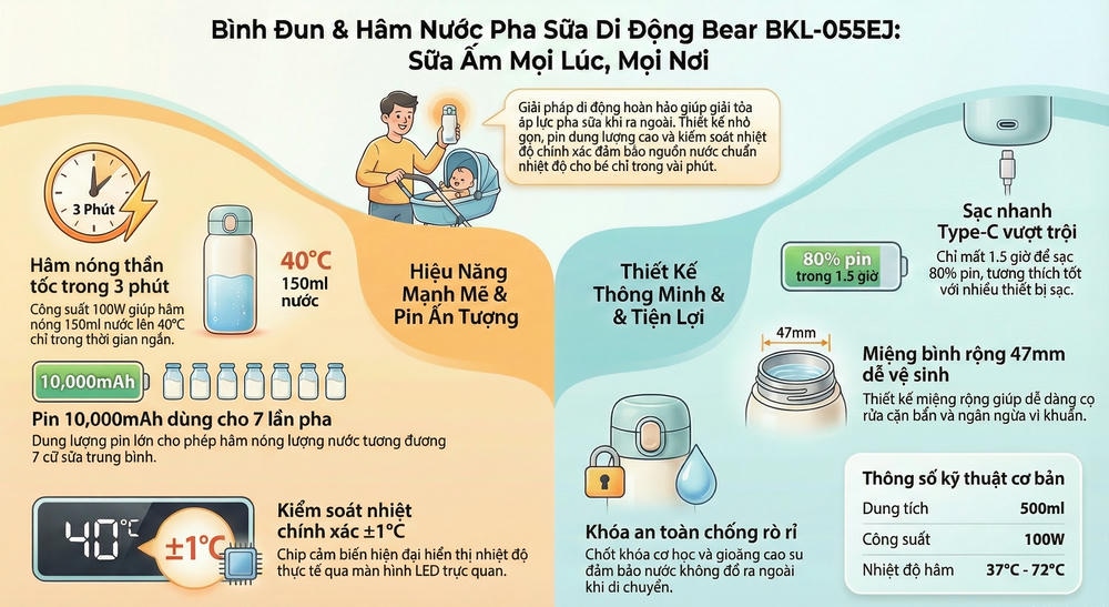 binh dun va ham nuoc pha sua di dong mini bkl 055ej anh10 Bình đun và hâm nước pha sữa di động Bear BKL-055EJ (Bản Quốc Tế) - 9