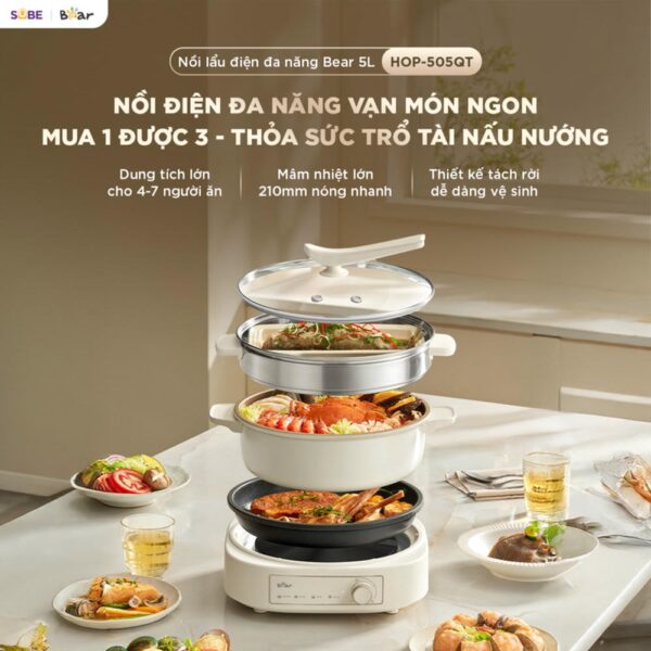 Nồi lẩu nướng hấp đa năng Bear HOP-505QT (Bản Quốc Tế)